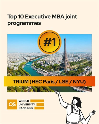 The race for the best joint EMBAs just got even more exciting! TRIUM Executive MBA (HEC Paris The London School of Economics and Political Science - LSE New York University) holds onto the top spot from last year, while the UCLA/ National University of Singapore EMBA climbs to second place! Want to see where your dream programme ranks? Visit https://eu1.hubs.ly/H0jXYM10 to explore the full list! #JointEMBA #TopBusinessSchools #QSWUR | QS World University Rankings