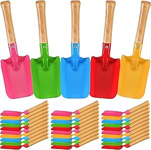 RoundFunny 35 Pcs Colorful Garden Shovels Small Beach Toy Shovels Metal Sand Trowel with Sturdy Wooden Handle, Soil Planting Mini Digging Tools, 5 Colors