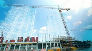 Visualization of the construction of a new residential building. Smart construction. Smart construction concept. A 3D building appears on the construction site