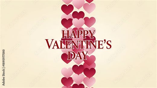 Joyful motion text celebrates valentine's day, framed by cascading pink hearts on a soft cream background.