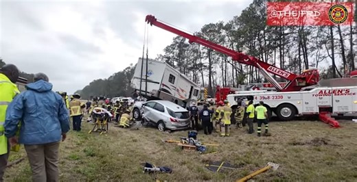 Video: JFRD works to rescue driver trapped inside commercial truck  caught under RV on I-295