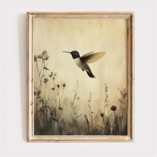 Hummingbird Printable Art, Rustic Cottagecore Decor, Serene Empty Mid Flight Bird, Impressionist Painting, Earthy Vintage Download 741 - Etsy