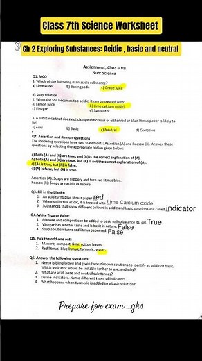 Curiosity || Ch 2 Exploring Substances Acidic basic and neutral || Class 7th Science Worksheet