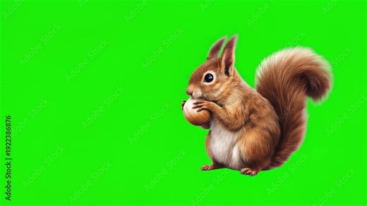 Squirrel Animation nibble on nut on Green Screen. Cute squirrel moving playfully for animal and kids video scenes. Chroma key. 3D animal