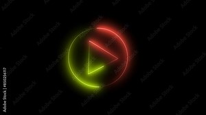Video, audio neon play button icon animation. glowing play button animation. Press to play. Start button sign video. Music play button icon animation in glowing neon circle and press icon animation.