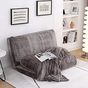 LITA Fluffy Soft Bean Bag Sofa Bed with Blanket, Folding Mattress Bean Bag Chair Foam Filling Convertible Couch Bed with Removable Cover Soft Faux Fur Wall Sofa Bed for Living Room, Coffee