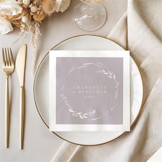 Custom Lavender Wedding Napkins, Personalized Floral Wreath Cocktail Napkins, Minimalist Wedding Decor, Bridal Shower Favors, Names & Date - Etsy