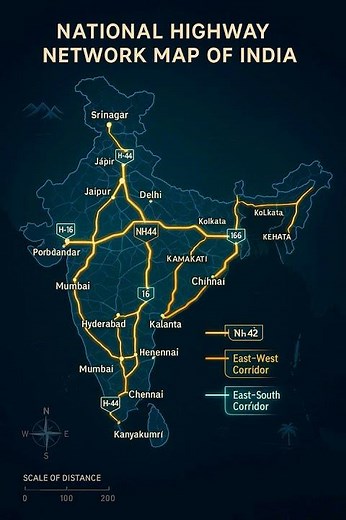 National Highway Network of India Explained | Major Routes & Golden Quadrilateral Map