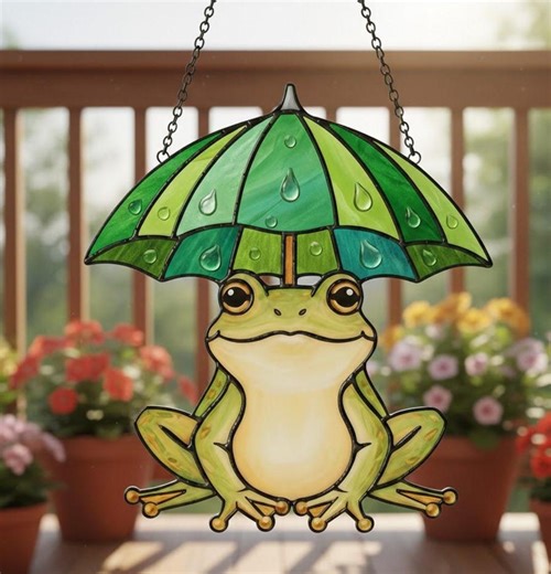 Frog Umbrella Stained Acrylic Suncatcher, Raindrop Frog Window Hanging, Garden Pond Art, Gift for Frog Lovers, Cheerful Rainy Day Home Decor - Etsy