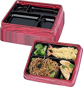 Restaurantware Bento Tek 15.2 Ounce Meal Prep Containers, 100 Disposable To Go Food Boxes - Lids Sold Separately, 4 Compartments, Red And Black Plastic Bento Lunch Boxes, Freezable, For Take Out