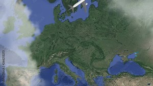 Warsaw to Rome transfer animation. Computer game effect of flight between European cities