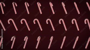Many candy canes in rows, rotating around. Dark red background, digtal 3D animation loop.