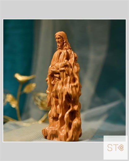 Handmade Jesus Carrying Lamb Statue: Wooden Catholic Icon, Religious Gift