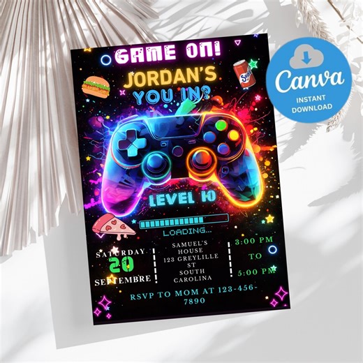 Video Game Party Invitation, EDITABLE Level up Birthday Invite, Blue Neon Glow Invite, Glow Video Gamer Boy Template Arcade Party Invitation - Etsy