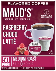Maud's Raspberry Chocolate Flavored Coffee Pods, 50 ct, Medium Roast Flavored Coffee in Recyclable Single Serve Pods – 100% Arabica Beans, Compatible with Keurig K Cups Maker
