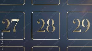 Door number 28 opening calendar reveal, updateable green screen revealing transition sting, 3D gold xmas festive golden numbered doors shiny video, Christmas Advent Calendar animation
