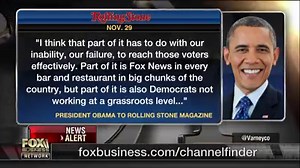 “Part of it is Fox News in every bar and restaurant in big chunks of the country” In an interview with Rolling Stoneo magazine, President Obama blamed Fox News for Hillary Clinton’s Election-Day loss. http://bit.ly/2gK5njO | Fox Business
