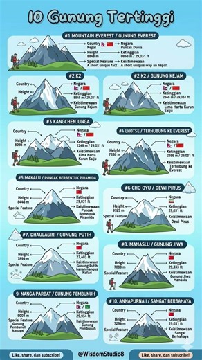 ​📖 Kamus Visual: 🏔️ 10 Gunung Puncak Dunia: Everest Hingga Annapurna