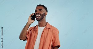 Phone call, funny and black man talking, conversation and joke in studio isolated on a blue background mockup space. Smartphone, laughing and happy African person in communication, meme and comedy