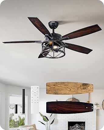 EDISHINE 52" Farmhouse Ceiling Fans with Lights, 10%-100% Dimmable, Remote Control, 5 Wood Blades, 1/2/4/6H Timer, 6 Speeds Reversible DC Motor, Rustic Ceiling Fan for Bedroom Living Room, UL Listed