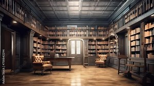 Large library with many books and bookshelves for learning with knowledge