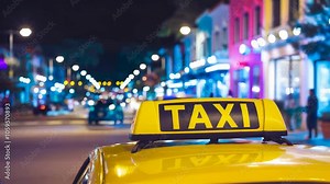 A yellow taxi with an illuminated "TAXI" sign on its roof, set against a colorful, blurred city street at night