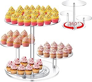 Tiered Cupcake Display Stand Rotatable Cake and Cupcake Tower Stand Combo Clear Acrylic Cake Holder with Tiered Tray for Dessert Pastry Birthday Wedding Party Table(4 Tire and Round)