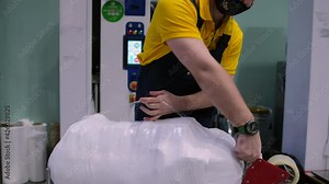 A masked man attaches a duct tape handle to a bag with wrapped film for lamination at the airport during the coronavirus. The backpack is packed in a plastic sheet. Luggage packing in airport.