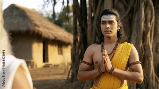 A disciple greets an elder sage with folded hands under a banyan tree, showing respect, devotion, and spiritual humility.