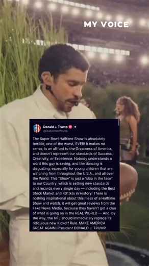 My Voice Official on Instagram: "President Donald Trump went on Truth Social during the show and called it “the worst halftime show ever.” And that’s what makes this moment hit even harder. Because while that was being posted online, more than seventy thousand people inside the stadium were watching something completely different — a performance built on love, culture, and unity. Bad Bunny stood on one of the biggest stages in the world with a banner behind him declaring that the only thing more
