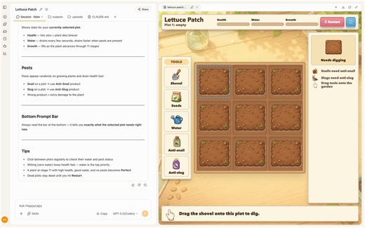 1️⃣ Create a cozy 2D browser mini game about growing lettuce in a tiny 3x3 garden using only HTML, CSS, and vanilla JavaScript. The game should work on both desktop and mobile by simply opening index.html.