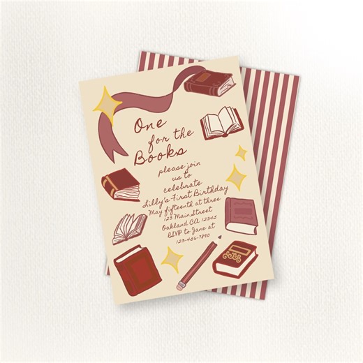 One for the Books Birthday Invitation | Whimsical Library Book Theme First Party Printable Template | Customizable 1st Birthday Invite - Etsy