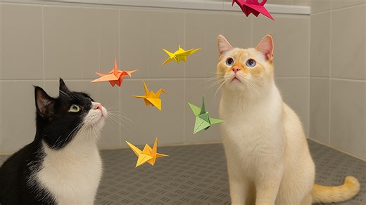 Cats discover floating paper birds