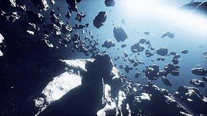 cinematic flight through dark deep space asteroid field with stars