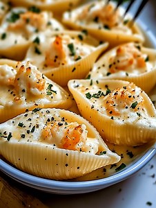 Creamy Shrimp Stuffed Pasta Shells 🦐🍝 Rich, easy family dinner with perfect comfort creaminess. 📝 Ingredients: 12–14 jumbo pasta shells 1 lb shrimp, peeled, deveined, chopped 2 tbsp butter 2 tbsp olive oil 3 cloves garlic, minced 1 cup heavy cream 1/2 cup grated Parmesan 1/2 cup ricotta cheese 1/4 cup chopped parsley Salt & pepper, to taste Extra parsley, for garnish 🍴 How to prepare it: 1️⃣ Cook the pasta shells: Boil until al dente for a quick dinner idea and perfect pasta texture. 2️⃣ Sau