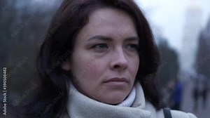 Close-up Tears on Female Face. Facial Expression Sad Worried Woman Emotions. Sorrow Tragedy Pain Dramatic Winter Urban Scene. 2x Slow motion 60 fps