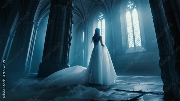 Female ghost silhouette. Beautiful scary horror scene. Mystery dead bride in wedding dress inside ancient gothic castle. Creepy woman shadow. Pretty girl spirit walk indoor. Mysterious person story.