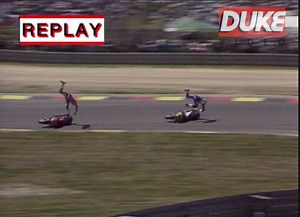 Here's another vintage clip from our Duke archive as we throwback to the 1990 German 500cc Bike GP as Pierfrancesco 'Frankie' Chili and Mick Doohan crash in perfect unison. That's a 10/10 for artistic impression from us! :) Check out our Bike GP titles here: https://bit.ly/2CREo5G For latest releases and offers visit: www.dukevideo.com Follow us on Twitter: http://bit.ly/2eULPcZ Like us on Instagram: http://bit.ly/2eMJ50z | Duke Video