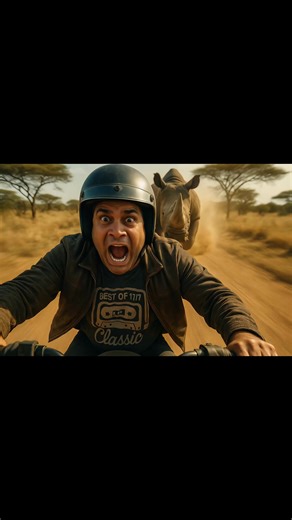 🏍️💨 Selfie gone WILD! Watch “Horn on My Tail” AI chase where a revved‑up rider meets a raging rhino.
