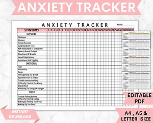 Symptom Tracker, Anxiety Journal, Anxiety Log, Anxiety Worksheet, Anxiety Tracker, Anxiety Worksheets, Anti Anxiety Journal, 8 Colors - Etsy