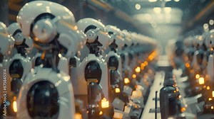 A row of robotic arms working in unison on an assembly line in a manufacturing facility, Explore the concept of artificial intelligence replacing traditional human labor
