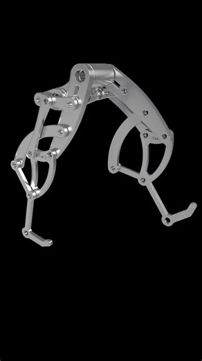 A walking cycle can be built directly into metal. This 3D animation shows a mechanical linkage coordinating two legs through a repeatable walking motion. As the joints rotate, each foot follows a controlled path. It lifts from the ground, swings forward, lowers into position and prepares to support the next step. The movement comes from rigid links, rotating pivots and carefully selected link lengths. Their geometry determines the trajectory of each foot and the timing between both legs. Moving 