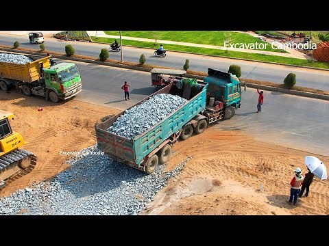 Fantastic Building Standard Foundation Road Construction By Long Dump Trailer And Shantui Bulldozer