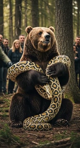 Brown bear encounters giant python in the wild showdown #wildlife #python #bear