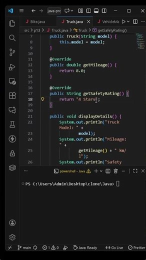 Java OOP Vehicle Manufacturing System Using Interfaces Car, Bike & Truck Mileage & Safety