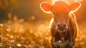 A cow standing in a lush, green pasture bathed in the golden glow of sunrise,generative ai