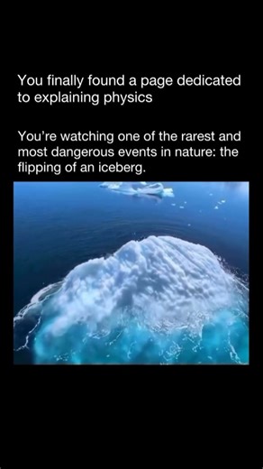 Speed It on Instagram: "This massive block of ice formed thousands of years ago beneath the surface. Now, after losing stability, it's flipped over, revealing its hidden interior. ❄️ When a giant iceberg like this rotates, it unleashes massive energy, creating waves like small tsunamis, launching ice chunks with force, and disrupting the marine ecosystem. It's a breathtaking yet hazardous natural phenomenon. ⚠️"