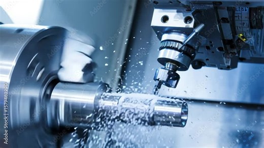 This clip illustrates a precision machining process at a manufacturing site. The tool shapes metal with spinning components, creating intricate designs. Sparks and shavings fly during operation