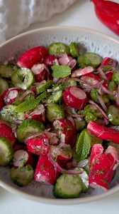 This Smashed Radishes Salad recipe is refreshing, light and if you ask me, it’s also one of the best! Ingredients: -200g radishes -3 mini cucumbers -1/2 red onion, finely sliced -2 tablespoons fresh dill, finely chopped -6-8 fresh mint leaves -pinch of salt -juice from half lemon -1 teaspoon apple cider vinegar -2 tablespoons extra virgin olive oil Instructions: 1. Trim radishes and cucumbers. 2. Using a rolling pin, lightly smash radishes so they begin to split apart. Scratch the outside of the