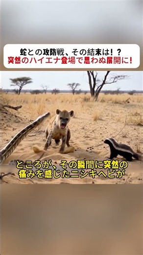蛇との攻防戦、その結末は！？ 突然のハイエナ登場で思わぬ展開に！ #ラーテル #ニシキヘビ #野生の戦い #アフリカの動物 #動物動画
